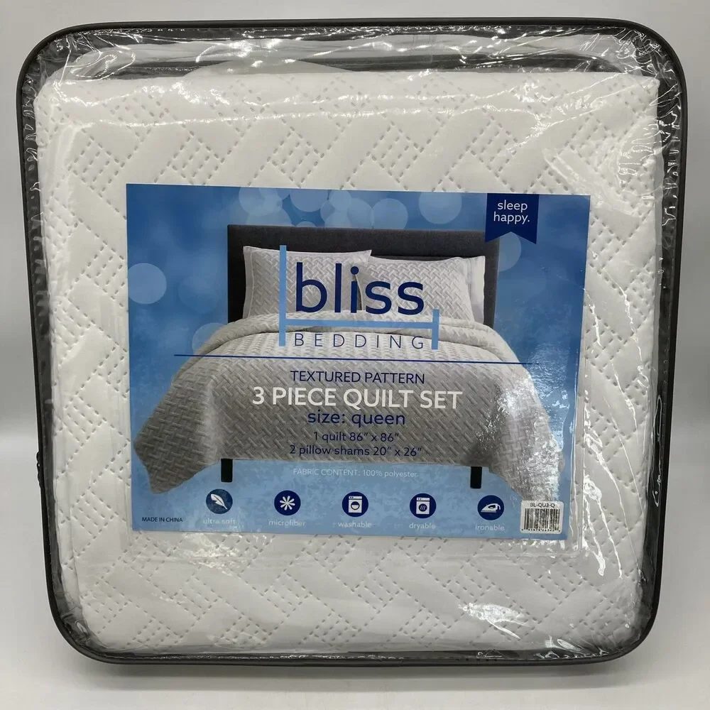 Bliss Bedding White Textured Pattern 3 Piece Quilt Set Queen w/ Two Pillow Cases
